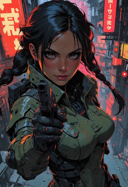 magnificent, closeup portrait, female bounty hunter, braided black hair, futuristic armor, halo spartan, spartan armor, sexy, curvy, large breasts, large ass, guns, gun, gun on back, gun in hand, pistol, holding pistol in hand, aiming pistol, Cyberpunk City, Neon Lights, foreshortening,
looking at viewer, solo, smirk, cocky smirk, 
Cowboy Shot, close up, from above,