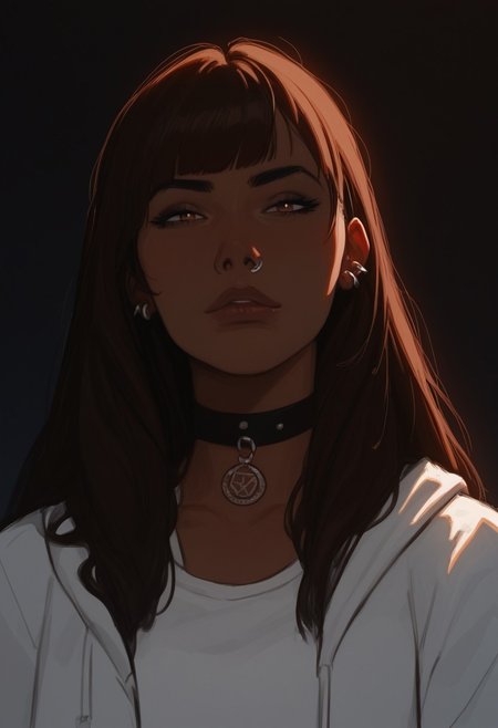 score_9, score_8_up, score_8_up, 1 Indian girl, dark-skinned girl, brown hair, ((long hair)), ((bangs)), straight hair, piercings, choker, portrait, ((streetwear)), average tits, teardrop shaped tits, fit body, thin waists, beautiful, night neon lighting, negative_hand, g0thicPXL, GTA