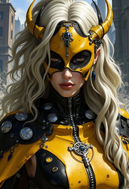 impressionist classical-style painting of a highly detailed, closeup portrait, face focus, stylized artwork featuring a androgynous figure with a striking, futuristic aesthetic.  It depicts a female rogue against a backdrop of a futuristic, post apocalyptic city. The rogue has some skin burns and is dressed in a striking, futuristic outfit of mustard yellow and black, with high tech accessories, including a helmet adorned with a stylized, angular visor that covers her hazel eyes and a flowing cape. She has long, flowing white hair tied back, and her skin appears to be pale.
 (((ultra-realistic style))), realistic lighting, dark, eye-catching, atmospheric lighting, natural, shallow depth of field, (highlights: 0.8), high detail (dynamic, cinematic shot, film grain, bokeh, depth of field)