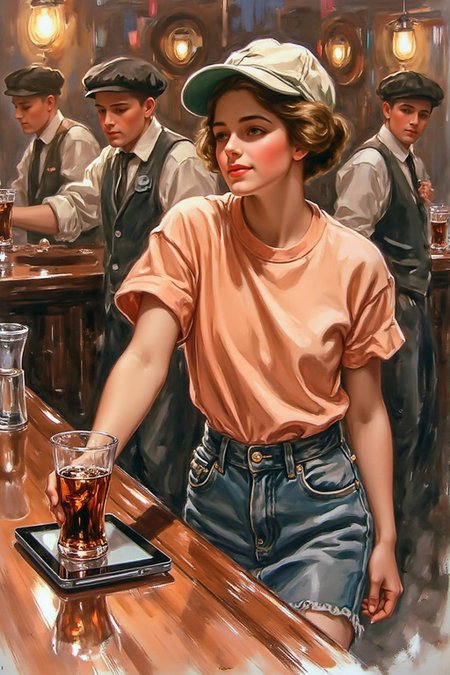 hafisher1 illustration. 
The air buzzes with the energy of a busy bar, a mix of music, conversation, and the clinking of glasses. A barmaid, the embodiment of youthful vibrancy, navigates the lively scene. She wears a peach-coloured T-shirt, the soft fabric contrasting with the smooth, cold glass of coke she carries on a small tablet. Her short skirt adds a playful touch, and a backwards baseball cap hints at a carefree attitude. The setting and atmosphere are palpable: the warm, slightly sticky surface of the bar counter under her fingertips, the dim, colourful lighting that casts playful shadows. Sensory details are abundant: the condensation forming on the glass of coke, the texture of her denim skirt, and the way the bar lights catch the highlights in her hair. Her confident stride, her quick smile, and her efficient movements. Stylistically, the image draws inspiration from the vibrant, candid shots of nightlife photographers, with a touch of the stylized realism found in contemporary illustration. There's a deliberate contrast between the barmaid's youthful energy and the slightly worn, lived-in atmosphere of the bar, creating a dynamic and engaging image.
 <lora:hafisher1_cap_d6a3e12:1.0><lora:829871730085383987:0>