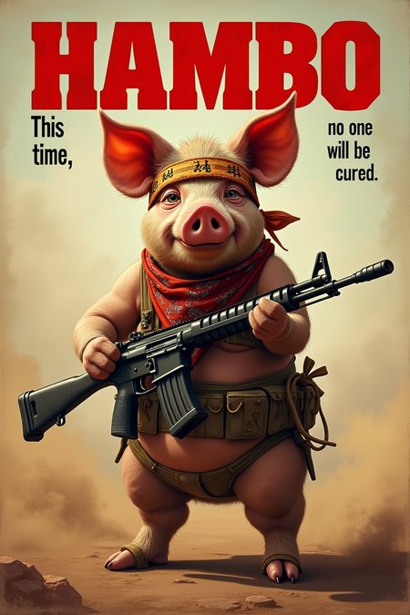 A movie poster that says "Hambo" above the image of anthropomorphic pig wearing a bandana and holding a machine gun, standing proudly. Underneath the pig are the words, “This time, no one will be cured”