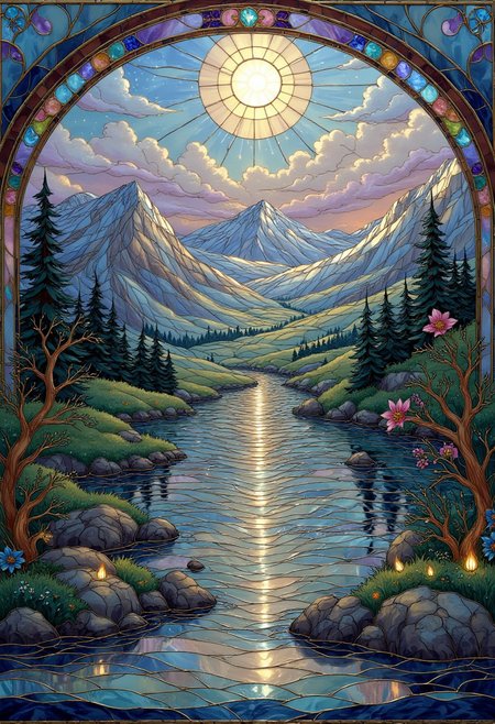p1nk1est41n3dgl4ss, stained glass,  landscape of a Hallstatt, at Twilight, humor, dreamlike and atmospheric landscapes, dark fantasy art, RAW photo