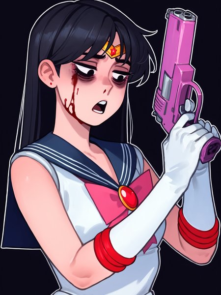 score_9, score_8_up, score_7_up, score_6_up, score_5_up, score_4_up, rating_safe
BREAK
sailor mars, circlet, black hair, black eyes, looking away, tired, half-closed eyes, bags under eyes, sigh, open mouth, looking down, blood on face, blood splatter,
BREAK
solo, portrait, magical girl, red serafuku, from side, holding gun, handgun, blood on weapon,
BREAK
black background, <lora:Lunas-KelvinHiu-SDXL-A1:1>