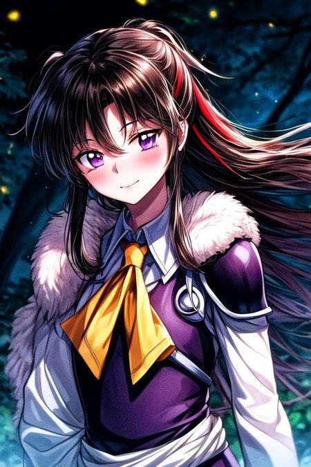 masterpiece,  best quality 1girl Setsun4 solo long hair,  (night time) forest background black hair very long hair purple eyes multicolored hair armor (fur trim) (medium body),<lora:EMS-179-EMS:0.800000>,<lora:EMS-293862-EMS:0.800000> bow, hair_bow, hair_tubes, red_bow, brown_hair, long_hair, bangs, ascot, frilled_bow, yellow_ascot, blush, smile, hair_between_eyes, athletic, armor