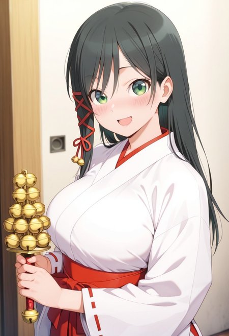 masterpiece,best quality,amazing quality, amagami yae, long hair, black hair, green eyes, 1girl, miko, bell, solo, japanese clothes, open mouth, smile, blush, ribbon, jingle bell, holding, hair ribbon, :d, white kimono