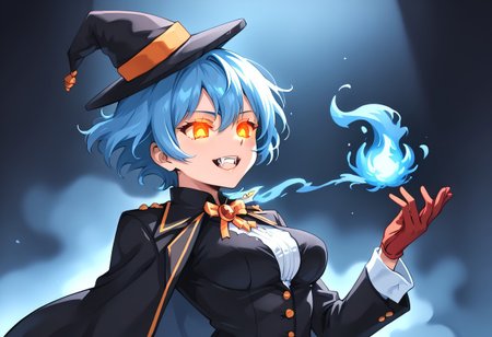 (masterpiece), (score_9, score_8_up, score_7_up,source_anime), 4K8K, 
(from side), misty, steam, fog, Floating Halloween pumpkins, 
halloween, halloween fantasy, (jakkRo), 
(pumpkinhead woman, Pumpkinhead:1.4), (solo), blue flame, burning pumpkin, (dark aura:1.4), (Canine, tooth, fang1.2), 
(medium figure:0.9), (pointy breasts:1.1), 
(glowing eyes), 
(wearing black tuxedo, Miniature Hats, red gloves:1.2), 
(emperor's dark room:1.3),