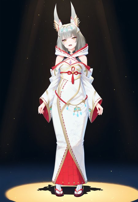 masterpiece, best quality, good quality, queen, nia, multicolor kimono, 1girl, solo, full body, eyes, face paint, standing, breasts, bob cut, tiara, white socks, hood, obi, zouri, inverted core crystal, <lora:nia illustrious 091:1>