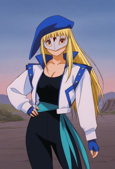 score_9, score_8_up, score_7_up, source_anime,masterpiece, best quality,  retro_artstyle,perfect_anatomy,1girl,Vega,solo,domino_mask,red_eyes,blonde_hair,blue_headwear,cleavage,open_jacket,long_sleeves,fingerless_gloves,(detailed face and eyes,smile:1.2),(cowboy shot),close to viewer,outdoor,sky