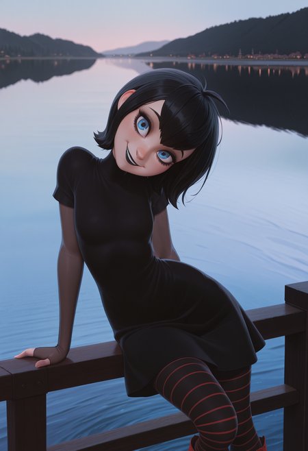 masterpiece, best quality, absurdres, highres, high quality, highly detailed,
1girl, solo, mavis dracula \(hotel transylvania\), black hair, short hair, blue eyes, black lipstick, smile, looking at viewer, head tilt, head down,
black dress, striped pantyhose, pantyhose, fingerless, red footwear, see-through sleeves,
upper body,
leaning to the side, sitting, on railing,
outdoors, depth of field, cinematic, lake,
no lineart, pixelsketcher, <lora:incase_new_style_red_ill:0.6>, <lora:bonifasko_ill:0.4>, <lora:MavisDracula_illustrious_Leaf1:0.5>