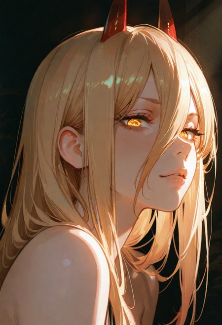 masterpiece, best quality, hyper-realistic, ultra-HD, luminous lighting, cinematic ambiance, shimmering gradients, ethereal glow, deep contrast, rich color tones, seductive atmosphere, captivating sensuality, Cinematic Lighting, 
BREAK 
raytracing, volumetric lighting, ambient occlusion, Background, girl, 
BREAK
power \(chainsaw man\), chainsaw man,
long hair, horns, demon horns, yellow eyes, symbol-shaped pupils, blonde hair, red horns, hair between eyes,
portraits,