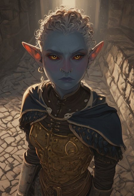 safe_pos, solo, short pointy ears, piercings, random elf face, aquiline features, female dark elf, brow rings, nose rings, beaded piercings, weathered skin, large nose, insect chitin armor, insect chitin helmet, insect chitin ornaments, stylized insect pattern, athletic build,  animated realism, zoomed out, Syrian features, torso, brass pipes and gears, intricate architecture, dwarven masonry, dwemer fixtures, white-green light, gloomy lighting, ancient ruins, interior, stone tiled floor, grey-blue skin, mahogany and ivory clothes, medium armor, bone plate armor, ivory straps and fittings, alien bone ornaments, grey wood neckguard, red sclera, black pupils, blue-green light, neon, highly detailed, defined features, looking at viewer, three quarters view, from above, dynamic lighting, 19 years old, light and shadows, patterned cloth, annoyed expression, expressive eyes, detailed medieval clothes, medium_breasts, short hair, wavy hair, thick hair, beaded hair, braided hair, under cut hair, semirealistic, alien elf, spanish features, jewish features, white grey hair, dark red hair, umber skin, sharp features, pastel green inuit print cloak, nighttime, high detail, absurdres, pretty eyes, detailed eyes, yellow eyes,