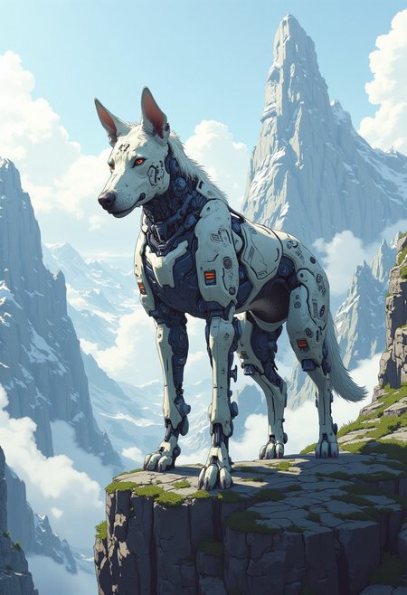majestic, large dog stands proudly on a rocky cliff, overlooking a vast futuristic mountain landscape. Cybernetic dog features sleek, his look,  blending technology with nature. In the background, the towering mountains are slightly altered by advanced tech structures, adding to the futuristic vibe of the scene