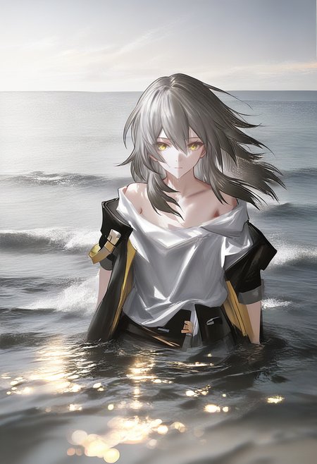 1girl, solo, stelle \(honkai: star rail\), trailblazer \(honkai: star rail\), grey hair, yellow eyes, shirt, white shirt, looking at viewer, black jacket, jacket, water, closed mouth, long hair, bare shoulders, ocean <lora:YLXL_NBVP1_lokr_V6311P:0.95>