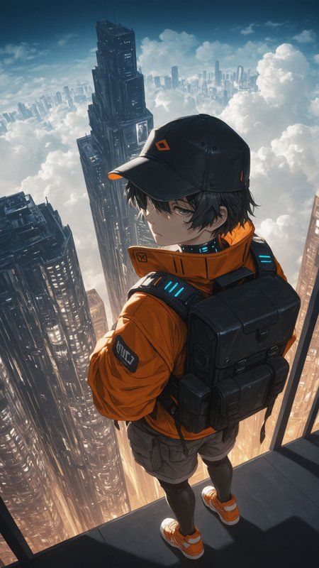 1boy, portrait, <lora:KonYa666:1> kony4666, <lora:add-detail-xl:1>,
masterpiece,best quality,
black hair, short hair, baseball cap, black cap, grey eyes, loose hair strands, detailed eyes, adventurer, wearing an orange jacket, tactical backpack, black backpack, orange acents, cargo shorts, grey shorts, orange and white sneakers, 
standing on the edge of a skyscraper, futuristic urban cityscape below, confident expression, contemplative expression, soft clouds in the background, cyberpunk-inspired atmosphere, 
(from above:1.2), view from back, looking over shoulder, looking at viewer, cyberpunk-inspired atmosphere, detailed lighting, shading, highly detailed, cinematic composition, dramatic perspective