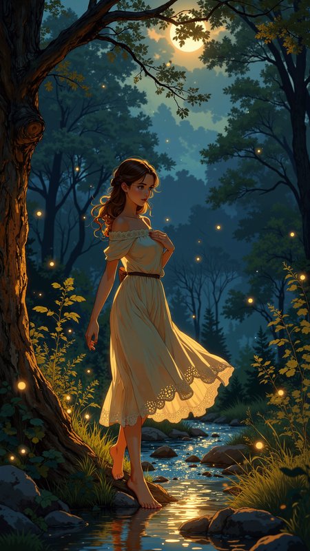 High-resolution anime-style illustration with soft painterly textures, warm ambient lighting. A young woman strolls barefoot through a quiet forest clearing at dusk, the golden light of fireflies flickering around her as the cool evening air gently lifts the hem of her flowing, off-the-shoulder ivory dress. Her long, wavy chestnut-brown hair is loosely braided, a few strands escaping to frame her delicate features, her deep, wistful eyes reflecting the last hues of the setting sun. One hand rests lightly against the bark of an ancient tree, her fingers tracing its rough texture, while the other brushes the lace trim of her dress near her collarbone. A nearby stream glows softly under the moonlight, its shimmering surface mirroring the deep blues and purples of the encroaching night. The warm flicker of fireflies blends with the cool shadows of the trees, creating an atmosphere of quiet magic and nostalgic serenity. <lora:Anime_Art_V3:0.8> <lora:Vibrant_watercolor_v.21:0.3>