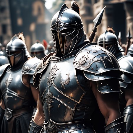 core_9, score_8_up, score_7_up, score_6_up,<lora:Year_3000_Movie_StillsPony:1> ArsMovieStill, A movie still from the year 3000s, The image shows a group of medieval knights in full armor standing in a line and facing towards the right side of the frame. The knight in the foreground is wearing a full suit of armor with a helmet and a spear on his head. The helmet is black and has a pointed tip and the spear is long and pointed. The armor is made of metal and appears to be shiny and shiny. The background is blurred but it seems to be a city street with buildings and trees. The knights are standing close together and their faces are not visible in the image. The overall mood of the image is intense and dramatic., armor, helmet, full armor, blurry background, blurry, knight, ambiguous gender, weapon, plume, shoulder armor