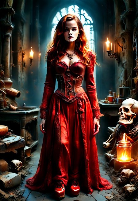 Skeleton, gothic horror, dimly lit laboratory cluttered with strange steampunk style contraptions and glowing jars, trapped luminous fae creatures, a disheveled skeleton wearing a reij-rosie, red dress, red platform shoes, red stockings, sprawling workbench, magic book. Feminine woman her lab coat, once white, is streaked with colourful stains and frayed at the hem, Beneath it, she wears a corset reinforced with purple tinted metal plates, its intricate design hinting at both function and vanity. Her wild, copper-colored hair is pulled into a messy bun, with stray strands framing her smudged but sharp-featured face. She grips a large ornate hammer in one gloved hand, the other gesturing animatedly as she mutters to herself, her deep blue eyes wide with a mix of brilliance and paranoia. Lantern light casting fractured shadows across walls lined with blueprints and diagrams of mythical beings,Ginger hair copper-color hair, blue eyes, cauldron, Photorealistic, Natural atmospheric lighting, intricate details, 35mm photograph, film, professional, 4k visuals, highly detailed, elegant, studio quality.,Stunning Beauty,wicca, magic, magical, fantasy, glowing, magical supplies, magical symbols,1gothic1,red