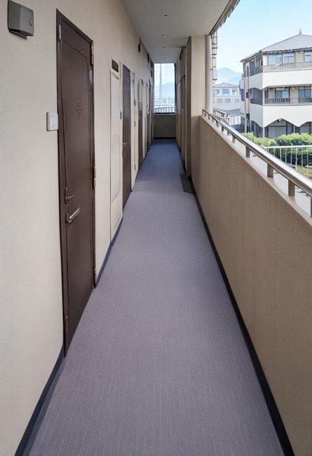 masterpiece, best quality, very aesthetic, absurdres,
rouka, hallway, scenery, window, building, day, sky, door, outdoors, blue sky, cityscape, city, real world location, 
 <lora:JProuka_apartment_hallway_SDXL_V1:1>