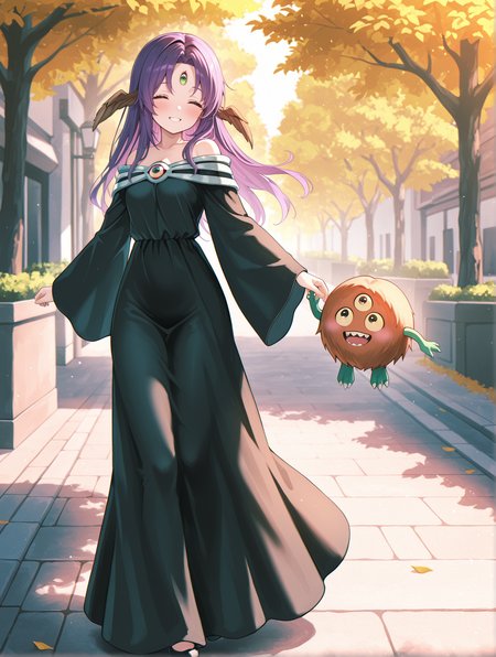 witch of the black forest, 1girl, smile, closed eyes, tree, teeth, outdoors, full body, blush, green third eye, brown head wings, black long dress, 1other, sangan, on street,  n n, off shoulder,
masterpiece,best quality,amazing quality,very aesthetic,absurdres,newest,<lora:Witch of the Black Forest illusXL v1.4:0.7>,