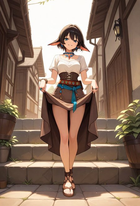 score_9, score_8_up, score_7_up, masterpiece, UHD, 16k, high res, high detailed, pureerosface_v1,
1 girl, 25 years old, medium height, tousled short hair, pleasant face, blue eyes, black eyeliner under the eyes, sharp chin, beautiful lips, sharp elongated ears, several rings in the ears, beautiful body, light white blouse with short sleeves, massive medallions and several chains on the neck, medium breasts, very short brown dress, on the dress a wide fabric belt, on the belt hangs a purse and several beaded jewelry, on her feet light shoes, welcoming pose, good-natured look, street of a fantasy village,