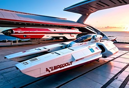 photograph, smooth, sleek, white and red (WipEout anti-gravity craft), (split-front:1.3), parked in a open hangar, door open, tropical island, ocean, beach, blue sky, sunset, sharp, high detailed, realistic, scifi, futuristic, science fiction, sharp focus, masterpiece, best quality