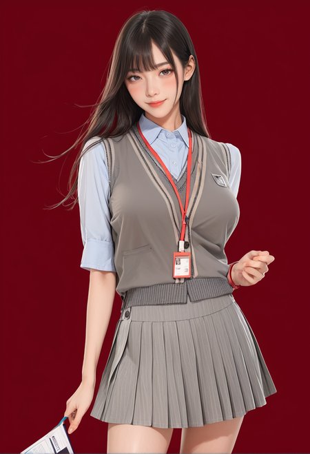 1girl,red background,,ruanyi1019,collared shirt,grey skirt,pleated skirt,sweater vest,grey vest,lanyard,cowboy shot,thigh gap,<lora:1019 Home wear 35_v1_pony:1>, score_9, score_8_up, score_7_up, score_6_up, score_9, score_8_up, score_7_up, score_6_up source_anime, blush, 1girl, seduce smile, perfect body , natural huge breasts
