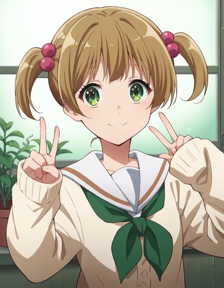 score_9, score_8_up, score_7_up, source_anime, <lora:satsuki-suzuki-s3-ponyxl-lora-nochekaiser:1>, satsuki suzuki, short hair, bangs, brown hair, hair ornament, twintails, green eyes, light brown hair, hair bobbles,, long sleeves, school uniform, serafuku, sailor collar, neckerchief, sleeves past wrists, cardigan, white sailor collar, kitauji high school uniform, green neckerchief, skirt, pleated skirt, brown skirt,, greenhouse, plants, glass, warm, growth, smile, v,, looking at viewer, solo,, dutch angle, cowboy shot