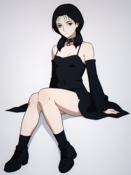 woman, 20 y/o, 20 year old, 20 year old woman, adult, score_9, score_8_up, score_7_up, score_6_up, score_5_up, BREAK masterpiece, high quality, white background, solo, <lora:Yomoda_Chisa_PDXLv0-e55:0.8> yomoda chisa, gothic, v:1.2, small breasts, black dress. white dot dress, full body, sitting, black footwear, black collar, death girl,