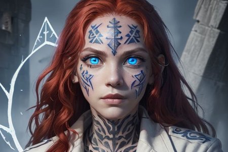 bright red hair, human female, (feminine:1.7), (beautiful face, detailed face:1.6), (beautiful eyes, detailed eyes:1.7), (looking at viewer, eye contact, intense:1.6), (long hair, red hair, curly hair:1.3), , ((masterpiece, best quality, high resolution, realistic, best quality,)), photo realistic, Perfect Face, (detailed face). <lora:GoodHands-vanilla:0.6> <lora:add-detail-xl:0.8>, mage, (Dress White military uniform coat), dagger, rune dagger, glowing runes, , (((glowing magic symbols tattoos, religious tattoos))), ((face tattoos)), glowing tattoos, stone tower in the background