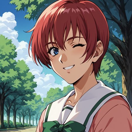 score_9,score_8_up,score_7_up, masterpiece, 8k, highres, wallpaper, source_anime,  park, blue sky, medium shot, <lora:Asami_Kurihara_Pony:1>, 1girl, solo, medium shot, portrait, red hair, short hair, blue eyes, school uniform, smiling, wink,