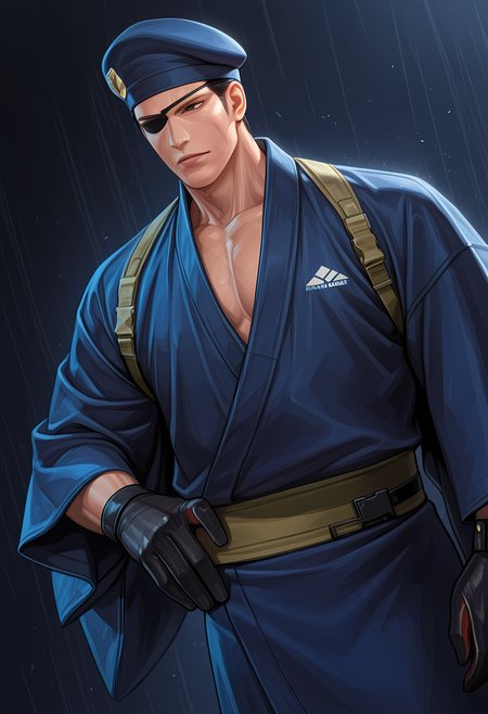 masterpiece, best quality, amazing quality, dutch angle, abstract background, BREAK
1boy, solo, male focus, kof_heidern, beret, right eyepatch, black hair, yukata, japanese clothing, BREAK
<lora:cfg_scale_boost:.6>  <lora:Heidern_-_King_of_Fighters_-_ILXL:1>