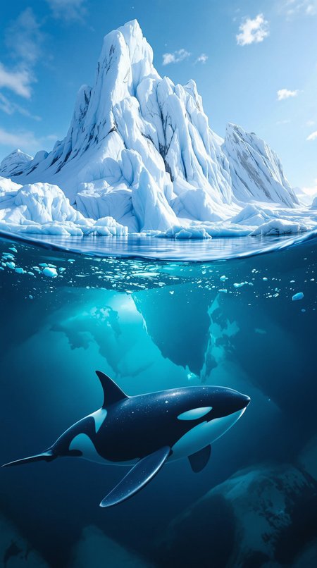 An enchanting scene capturing the Arctic wilderness. Above water, towering icebergs and expansive ice sheets under a clear, blue sky. Below water, a majestic Orca swims gracefully in the crystal-clear, icy waters of the Arctic Ocean. The image showcases the pristine, captivating beauty of the Arctic landscape both above and below the waterline. High resolution, highly detailed, and vivid colors.