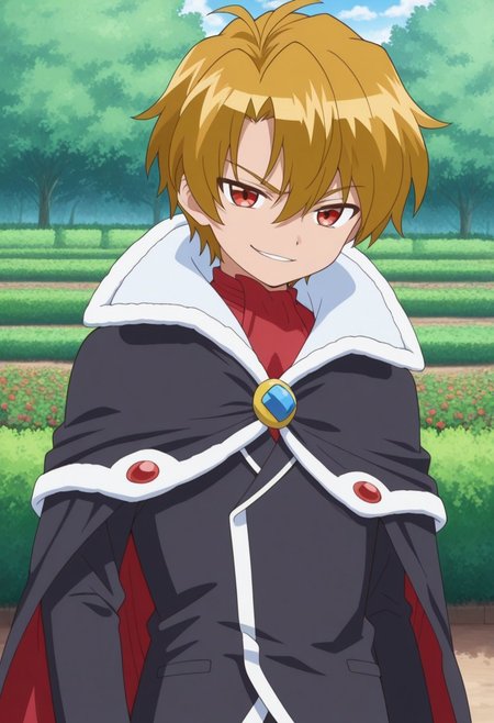 masterpiece,best quality,amazing quality, source_anime, 
Buraito, 1boy, male focus, solo, red eyes, blonde hair, shirt, red shirt, jacket, black jacket, cape, black cape, smirk,
outdoor, garden,