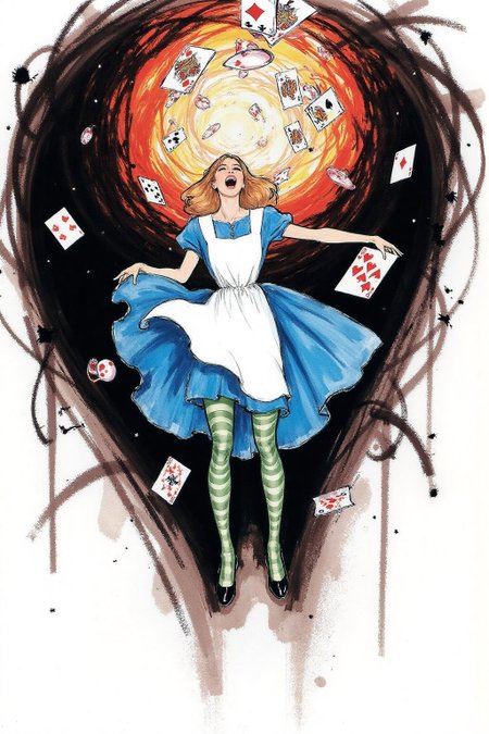 regr1 sketch. Overhead view of Alice in Wonderland falling into the rabbit hole, with her legs dangling beneath her. She is looking upward, her face filled with shock and terror as she screams. Her blue dress and white apron billow out around her as she tumbles, while her striped stockings and black shoes are visible below. The rabbit hole is a swirling, chaotic mix of vibrant colors, playing cards, teacups, and other Wonderland objects floating around her. Soft glowing light emanates from the tunnel walls, adding an eerie, fantastical feel to the scene. The sense of motion and fear is palpable as Alice falls deeper into the unknown. The background is stark white.  <lora:regr3_shoujo_nocap_d6a3:0.9><lora:808050727831467793:0>