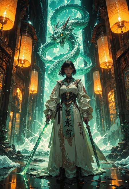 masterpiece, high-quality, A regal samurai priestess stands at the threshold of a colossal, floating temple carved from luminescent jade. Her short, raven-black hair sways in the wind as she holds a ceremonial katana whose blade crackles with tiny arcs of turquoise energy. The camera frames her from a low, angled perspective, accentuating her determined gaze and the intricate, glowing runes etched into her ivory robes. Behind her, towering paper lanterns hover in mid-air, their warm golden glow reflected on the templeâs polished floors and casting dancing shadows across the hyperdetailed mosaics lining the walls. Above, a shimmering tapestry of drifting petals and swirling ghost-lights converge to form a spectral dragon coiled around the temple spires, its ethereal scales pulsing in harmony with the ceremonial hum reverberating through the air. The scene radiates an air of unspoken vows and divine power, as if every breath the priestess takes resonates with the hidden spirits of an ancient, otherworldly domain, <lora:FLUX\Anime v1.3:0.5> <lora:FLUX\FluxMythAn1meL1nes:0.6> <lora:FLUX\Midjourney_-_SemiReal_Dreams_FLUX_LoRA:0.5> <lora:FLUX\CPA:0.5> <lora:FLUX\DarksunRiddV4:0.4>