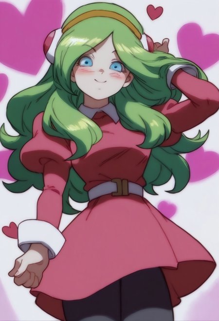 safe_pos, score_9, score_8_up, score_7_up, solo, female, extremely detailed, brianne, long hair, green hair, blue eyes, long sleeves, dress, juliet sleeves, hairband, puffy sleeves, white belt, black pantyhose, pink dress, yellow hairband, white collar, sleeve_cuffs, hair ornament, red dress, hearts background, looking at viewer, smile, blush, view from below, looking down, 