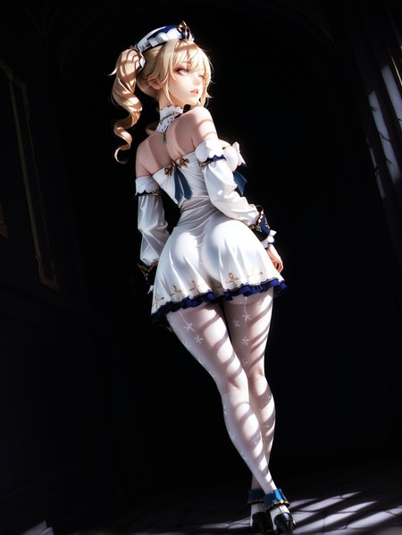 masterpiece, very aesthetic, best quality, hiper-detailed, intricate details, dramatic light, dynamic light, rich colors, solo, wide hips, 21 years old, dark, darkness, imtdmariesplat, 1girl, dynamic angle, from behind, looking back, looking away, full body, imtdbadbara, 1girl, blonde hair, twintails, blue eyes, bare shoulders, drill hair, bangs, averted eyes, long hair, parted lips, dress, hat, white dress, twin drills, long sleeves, detached sleeves, pantyhose, hair ornament, white pantyhose, realistic, white headwear, necklace, medium breast, eyelashes, detached collar

