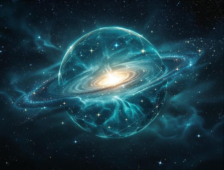 highly detailed image of a lighting galaxy in deep space,ethereal,delicate, grim,intricate design and 
details, encapsulated inside of a big round scrying orb, extremely high quality image, HDR, fantasy, photo  Centered in Perfect Composition, Complex Details Showing Unique and epic Elements, Very Detailed Digital Painting, Dramatic Lighting, Very Realistic, dark space, turquoise hue