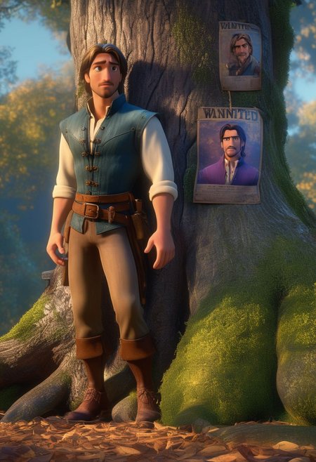 full body shot, realistic, stunningly realistic, trending on artstation ,  FlynnRider, Rapunzel, 1man, 1girl, original style, 3D disney anime, leaning on a tree, wanted poster with his image plastered on the trunk, (masterpiece), best quality, highres, 4k, 8k, intricate detail, cinematic lighting, amazing quality, amazing shading, soft lighting, 35mm, analog style, a realistic photo, film grain, (photorealistic:0.6), taken by a canon eos r5, ultra detailed skin, ultra detailed face,  chromatic aberration, colorful, bright colors,
