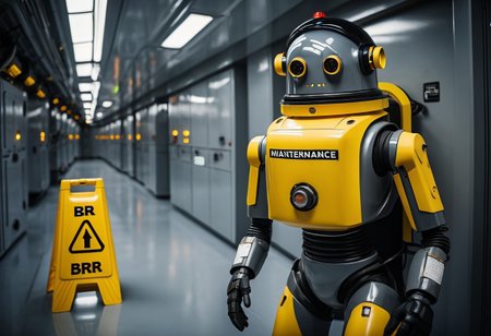 Photo of a maintenance robot, (wearing grey janitor overalls, black work boots and a yellow hardhat), holding a sign that says ("Maintenance, BRB":1.9),in a spaceship corridor, comedic atmosphere, the android has a cyborg face with a  world-weary expression, Cinematic lighting, 8k, ultra realistic, hyper detailed, sci-fi, highlights, RAW, realistic, photo, best quality, (dramatic lighting), (sharp focus, intricate), Style-DoF