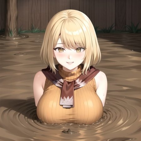 ashley graham, brown eyes, bangs, red scarf, (orange sweater:1.2), sleeveless turtleneck, green miniskirt, belt, pantyhose, (giantess breast:1.5), partially submerged, in mud, flooding up to the chest, upper body, (village:1.5), (mud:1.5), (pov:1.5), (raised eyebrows:1.2), :o, blush, (sinking:1.1), (seductive smile:1.5), hut, (clean arms:1.5),
