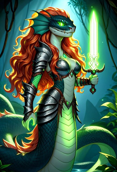 Naga,  holding a Glowing Rune Sword, glowing rune armor, long ginger hair, feminine, Curvy
orn8, orn8 design, orn8 lineart design, orn8 design of detailed, schmanzy, naga