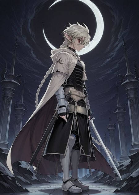 masterpiece, best quality, arms at sides, male focus, 1boy, male, looking at viewer, full body, crescent moon, night, gothic background, facing to the side, holding sword, 
<lora:Koinzell:0.8>, Koinz0l, red eyes, platinum blonde hair, scar across eye, pointy ears, twin braid, platinum blonde eyelashes, cape, hooded cloak,