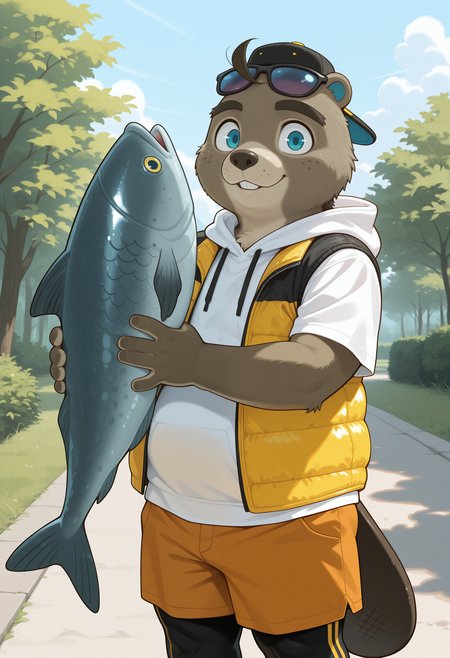 masterpiece,best quality,amazing quality, 1boy, solo, c33j4y, furry, black backwards hat, sunglasses, blue eyes, white hoodie, yellow open vest, orange shorts, black leggings, beaver tail, outdoors, chubby, confident, holding big fish,