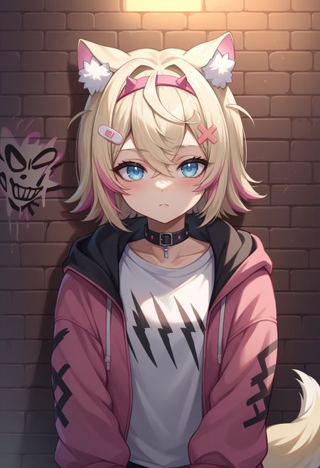 score_9, score_8_up, source_anime, 1girl, solo, MococoAbyssgard, short hair, streaked hair, hairband, hairclip, tail, earrings, sharp eyes, choker, neon shirt, open jacket, turtleneck sweater, night, against wall, brick wall, graffiti, dim lighting, alley, looking at viewer, <lora:ChamMococoAbyssgardPonyXL:1>