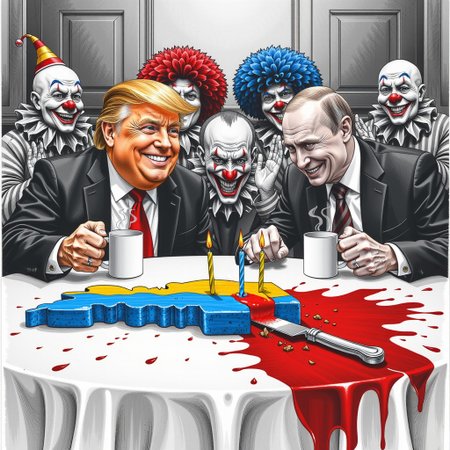 Political satire illustration; Trump and Putin, middle-aged men, seated at a table, celebrating a cake shaped like Ukraine; Trump, smiling, holds a coffee cup; Putin, also smiling, lights a candle on the cake; Ukraine cake is covered in blood; multiple sinister clowns are surrounding them;  dark, dramatic lighting;  intense and disturbing mood; graphic depiction of violence and political commentary;  realistic portrait style; detailed clothing, suit and tie; rich color palette, contrasting colors of clown costumes, blood, and cake;  graphic details of the cake being cut by a knife, and a lot of blood on the table;  sharp, almost caricature-like features; satirical and disturbing subject matter;  focused and centered composition; detailed portrayal of facial expressions;  high-contrast lighting;  detailed depiction of environment;  surreal and dark humorous tone; dramatic satire;  political commentary image.