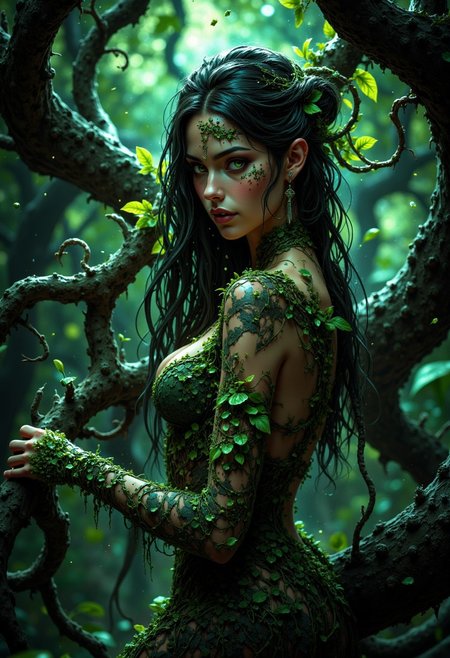 Face close up, gorgeous perfect eyes, highly detailed eyes, glossy lips. A mysterious and beguiling enchantress stands in the heart of a twisted, overgrown forest, surrounded by gnarled, ancient trees and glowing fungi. She has long, dark hair intertwined with vines and wears a revealing, nature-infused outfit of leaves and flowers that clings to her body. Her skin glows faintly green, matching her captivating eyes, which shine with a dangerous charm. In one hand, she holds a staff wrapped in living vines, glowing with arcane energy. The atmosphere is dense with mist and soft green light, giving the forest an otherworldly, enchanted feel. The lighting captures the deep shadows and subtle highlights, emphasizing her wild, seductive power. (maximum ultra high definition image quality and rendering:3), maximum image detail, maximum realistic render, (((ultra realist style))), realist side lighting, , 8K high definition, realist soft lighting, (amazing special effect:3.5)