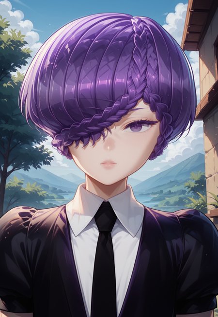 score_9, score_8_up, score_7_up,outdoors,  amethystxl12, androgynous, purple hair, short hair,braid,hair over one eye, purple eyes, gem uniform (houseki no kuni),black jacket, white shirt, black necktie,white belt, puffy sleeves, short sleeves, close up,