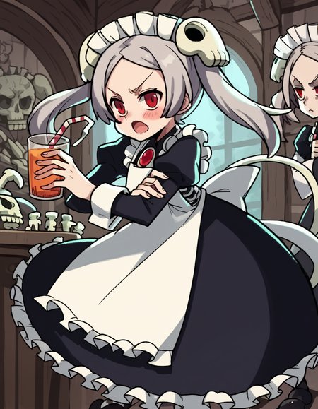 score_9, score_8_up, score_7_up, source_anime, <lora:skullgirls-marie-ingame-ponyxl-lora-nochekaiser:1>, marie, hair ornament, red eyes, twintails, skull, skull hair ornament, grey hair, forehead,, apron, maid, maid headdress, long sleeves, wrist cuffs,, tavern, drinks, rustic, friends, old, , <lora:x-arms-ponyxl-lora-nochekaiser:1>, x arms, blush, open mouth, leaning forward,, looking at viewer, solo,, dutch angle, cowboy shot