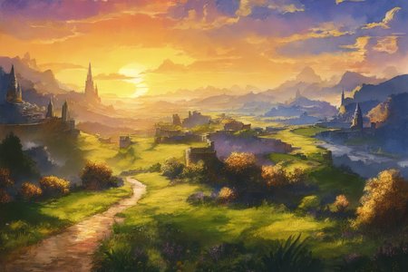walled city in the distance, forested hills, sun in sky, clouds, creek, (rough dirt path:1.1), watercolor,  <lora:FantasyLandscape:1>